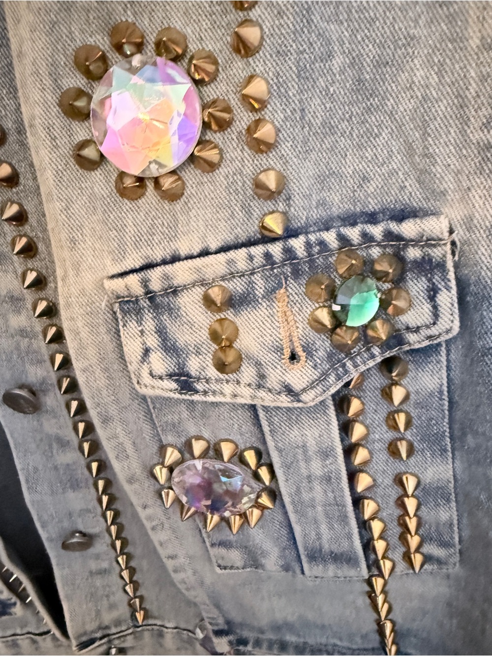 Embellished Light Wash Denim Jacket with Iridescent Gems - Picture 3 of 4